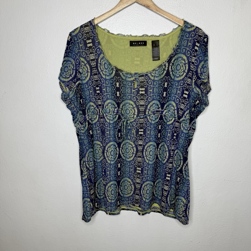 Axcess Y2K Blue Green Tie Waist T-Shirt Lined Tee Shirt Top Women's XL